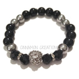Black & Silver Lion Head Beaded Bracelet
