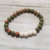 Green & Clay Colored Bracelet, Lava Bead Stretch Bracelet